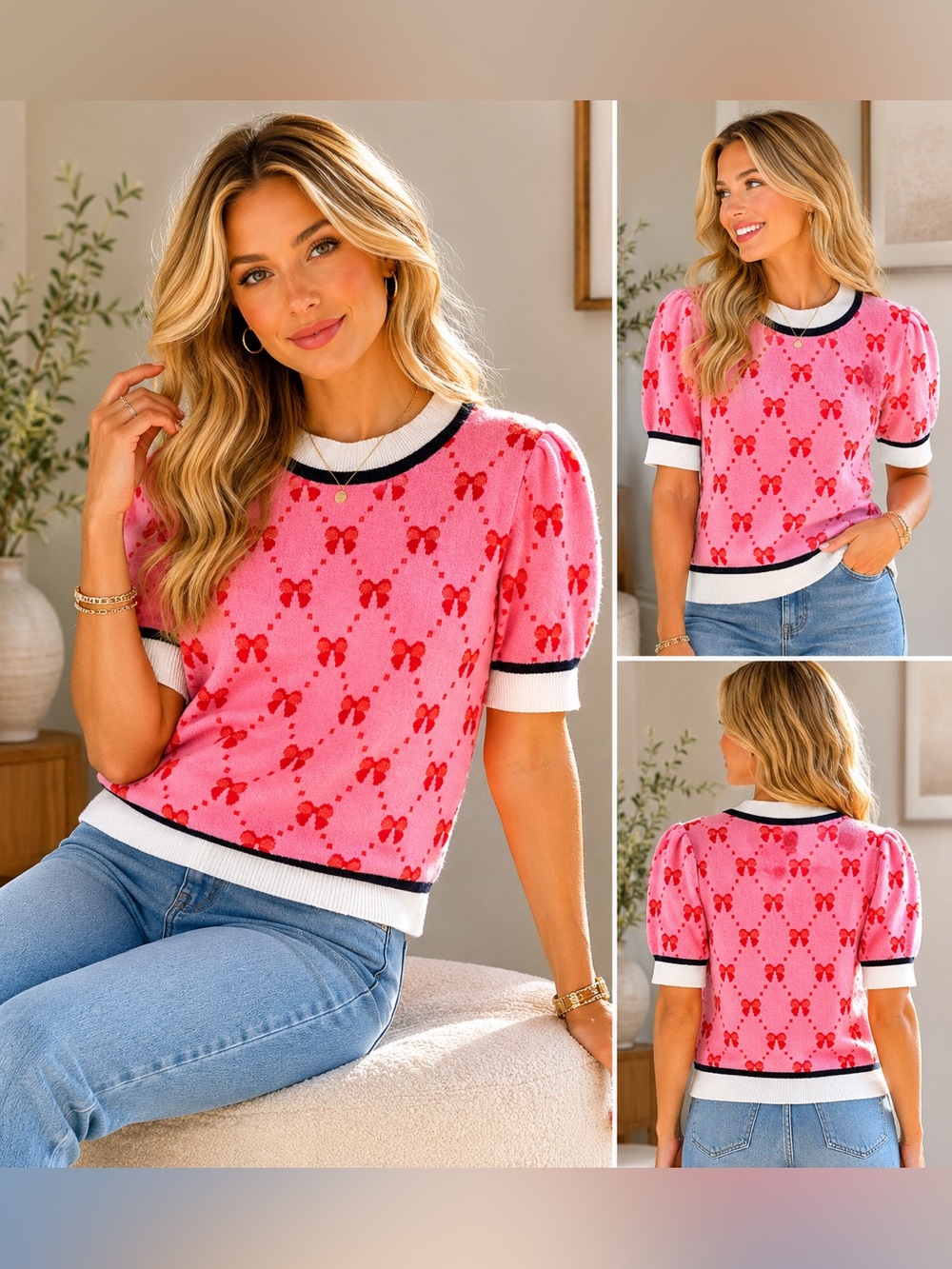 Pink Bow Print Puff Sleeve Sweater Knit Top L Coquette Girly Feminine Babydoll